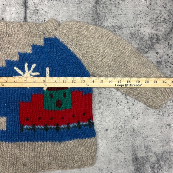 Vtg 80s/90s Handmade Kids Wool Knit Sweater Winter House Snowflake Pullover - Picture 4 of 6